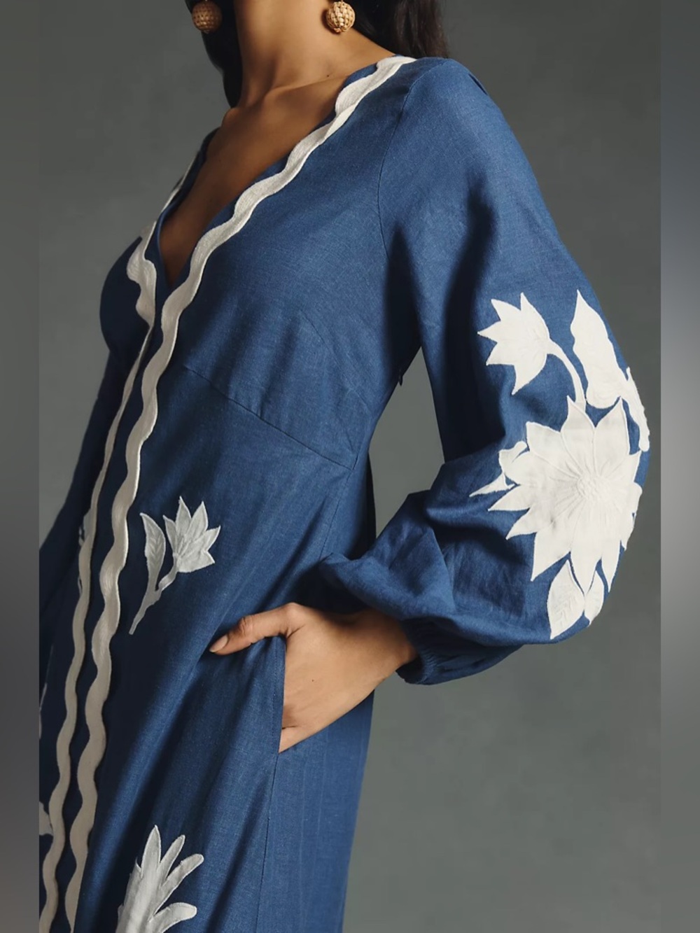 Farm Rio blue embroidered long sleeve maxi dress - Picture 3 of 10